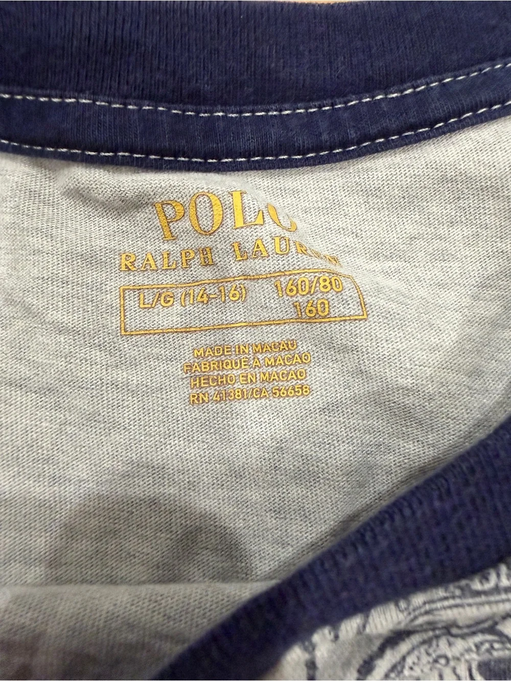 Polo Ralph Lauren Kids Bear Patch Graphic Tee - Navy Trim Large 14/16
